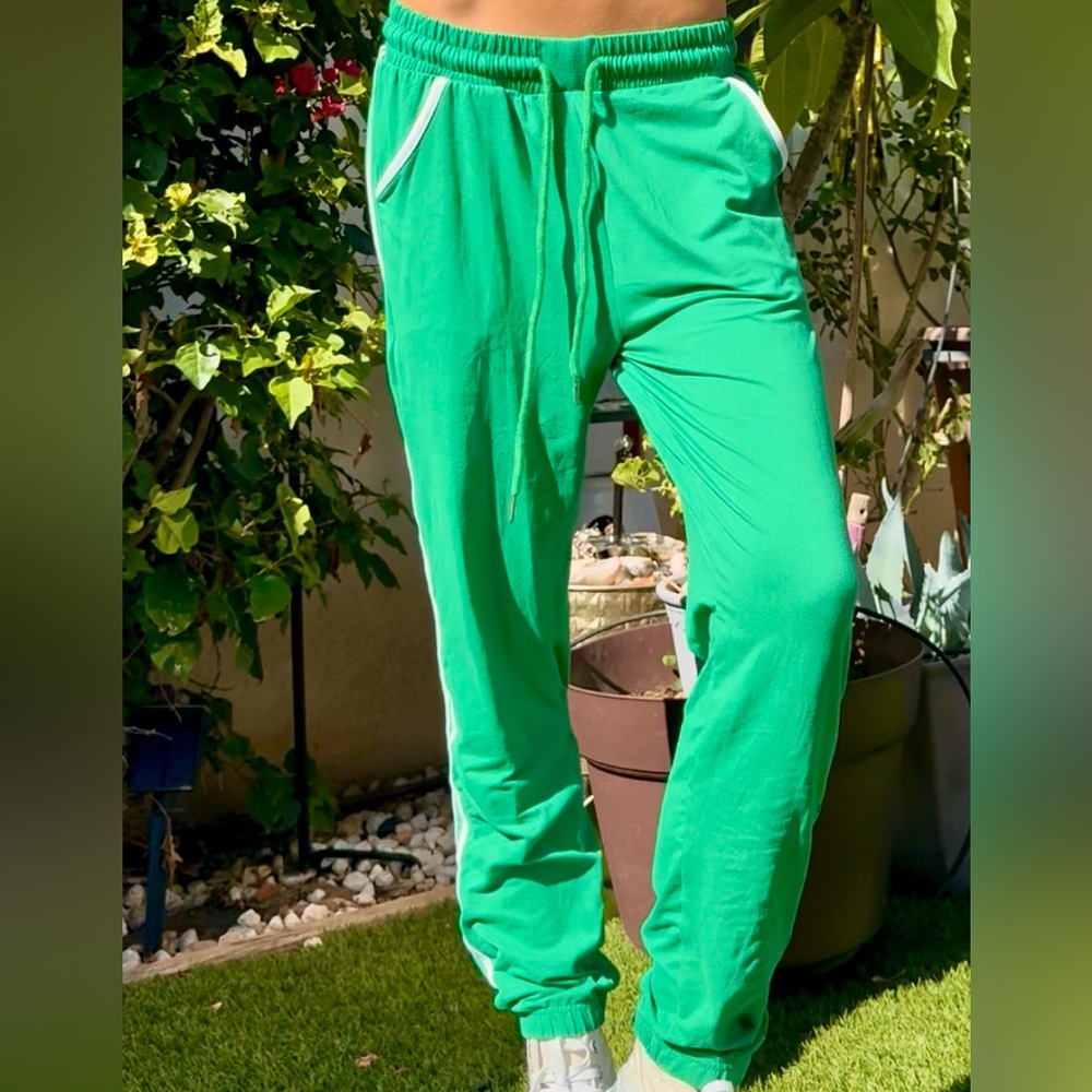 Green Track Pants with White Accents
